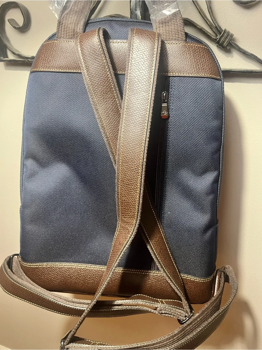Longchamp Men's Navy Blue Backpack with Brown Trim